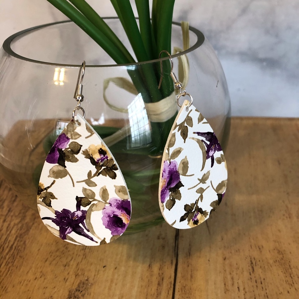 Faux Leather Purple Floral Teardrop Earrings